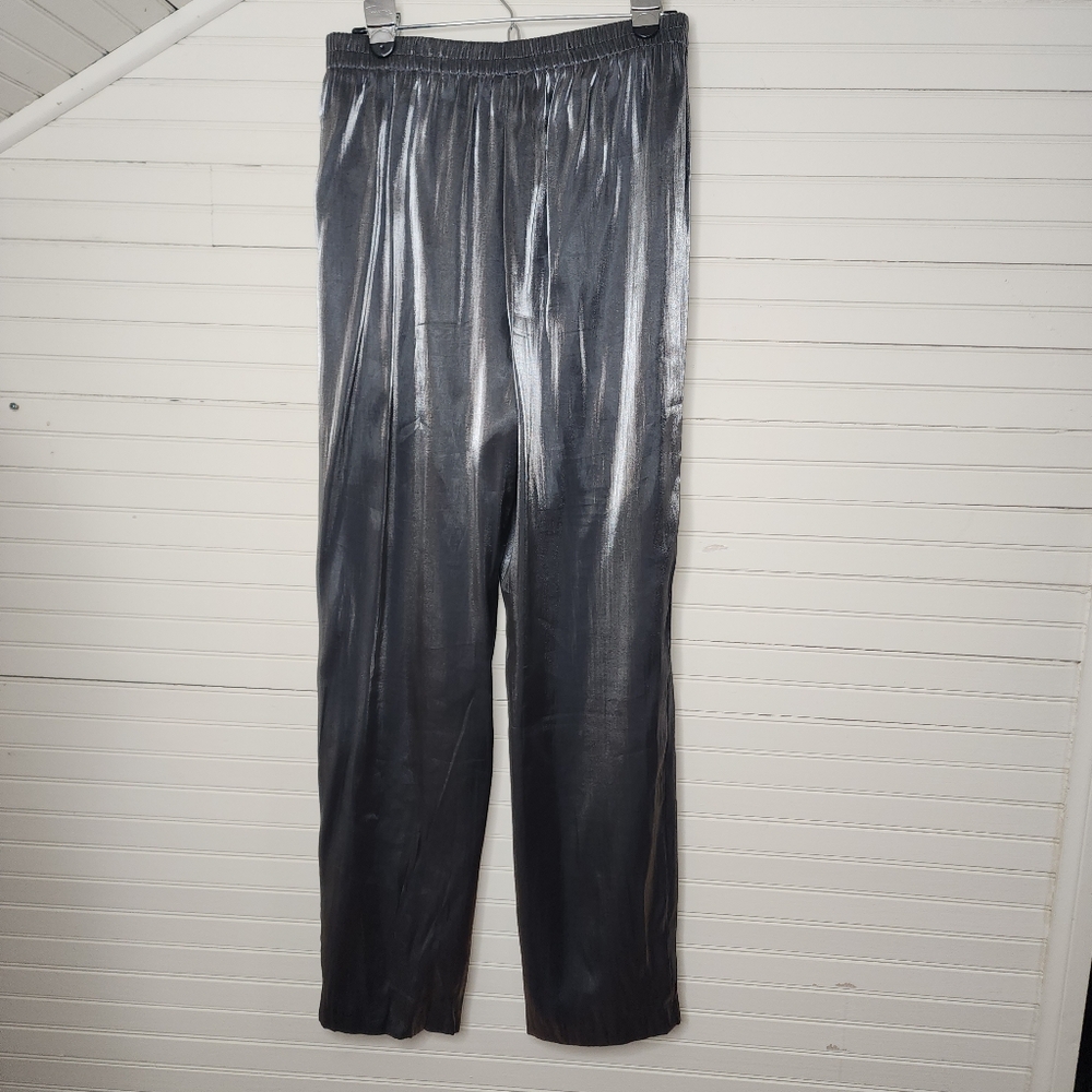 R&M Richards Metallic Liquid-Silver Wide-Leg Pants Size 14 Made in USA Vintage
